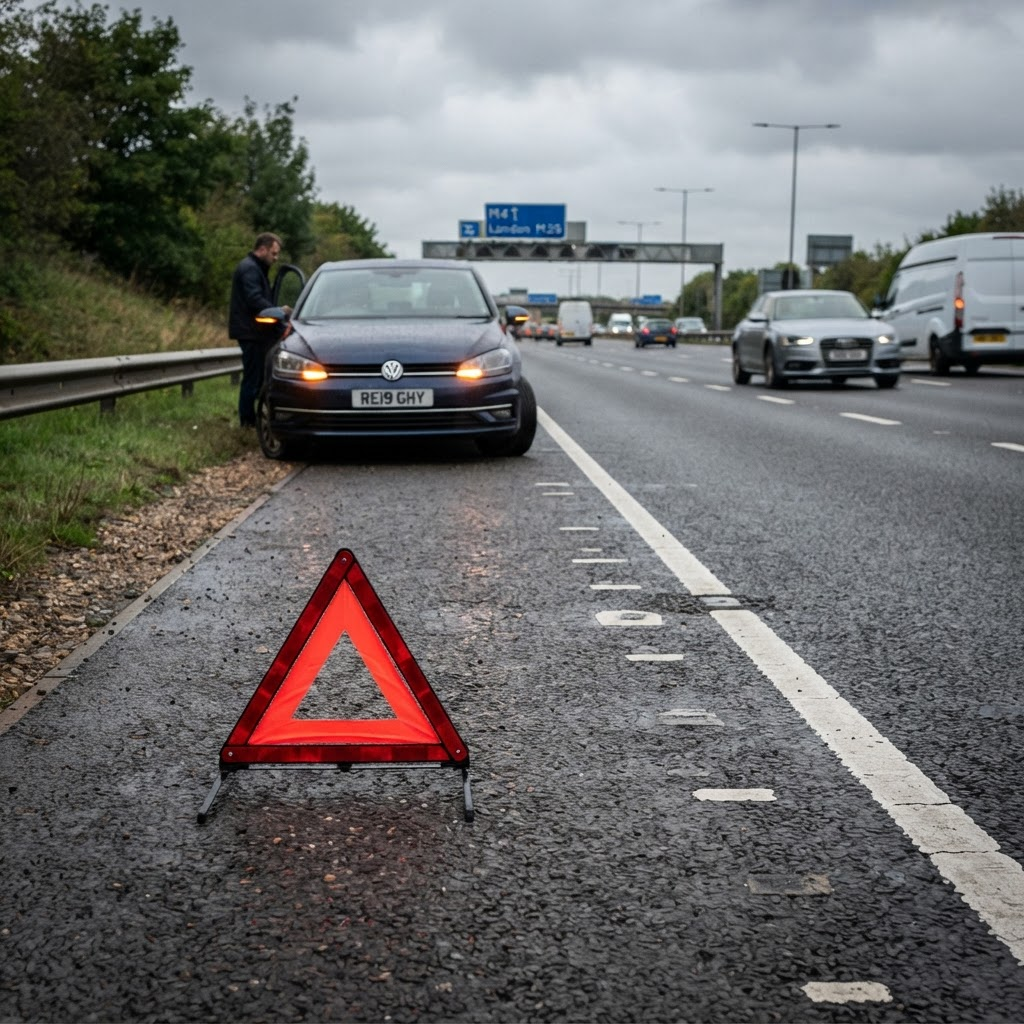 A red warning triangle on the road behind a car with a flat tyre