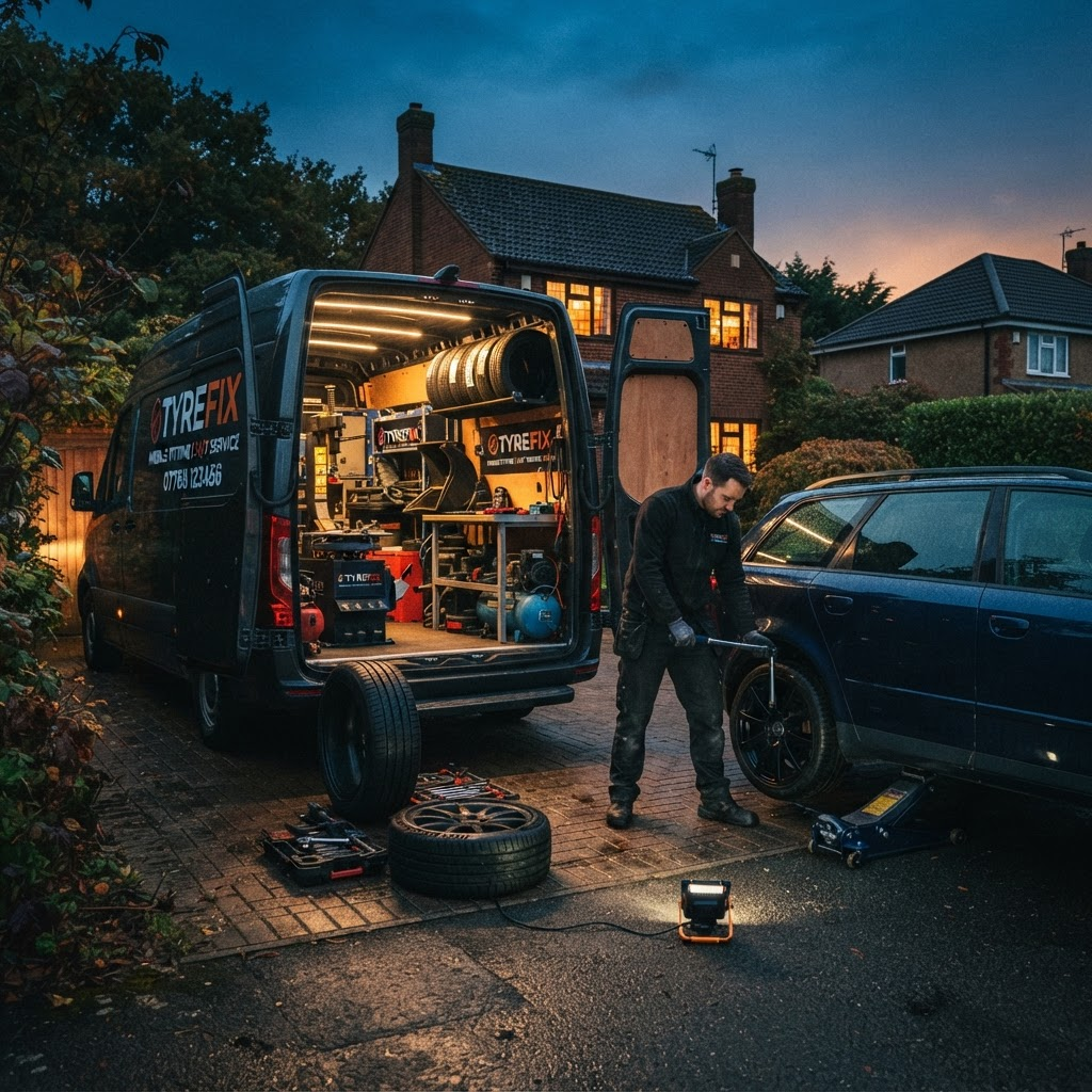 A mobile tyre fitting van on a driveway at dusk with a technician changing a tyre