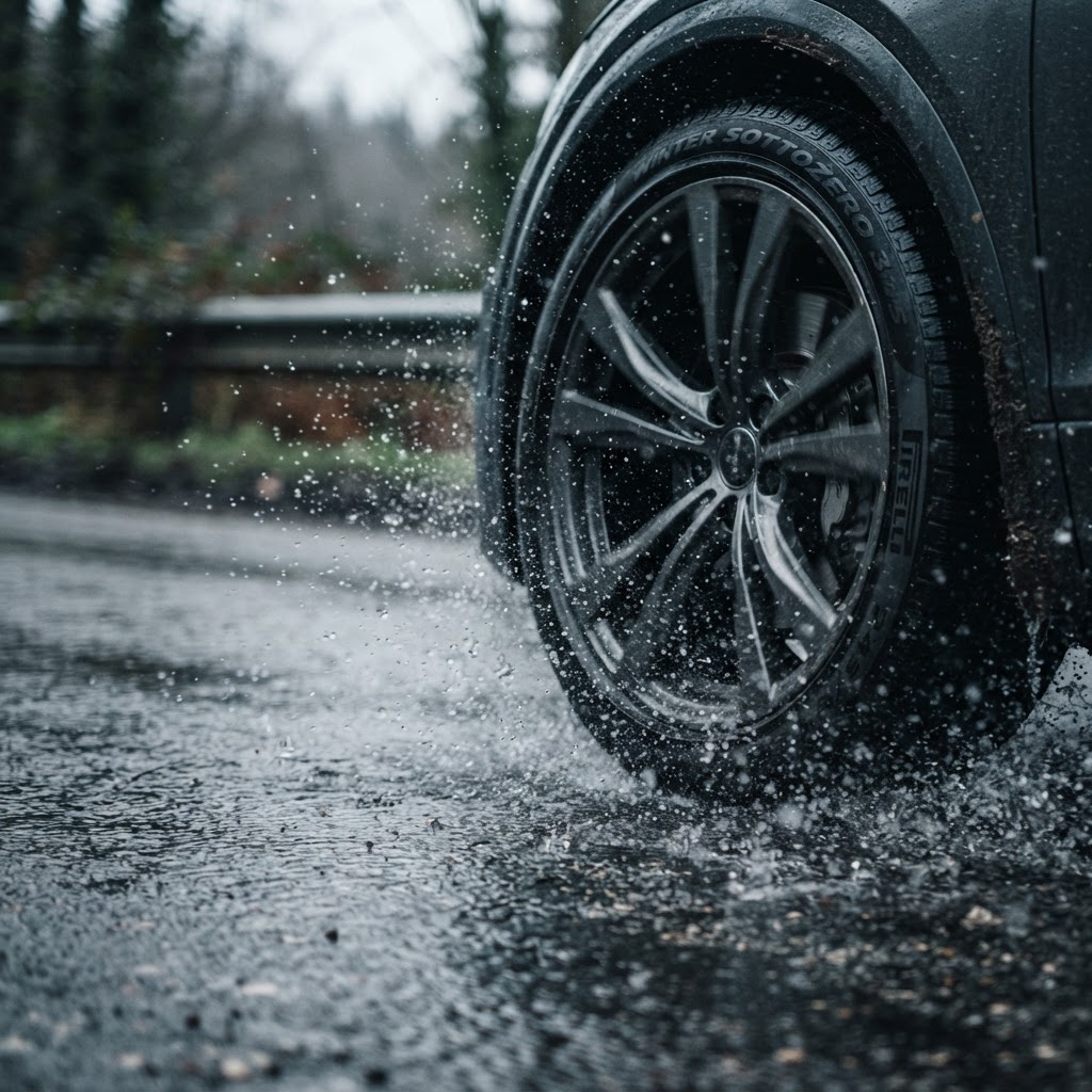 A car tyre driving through water on a cold wet road