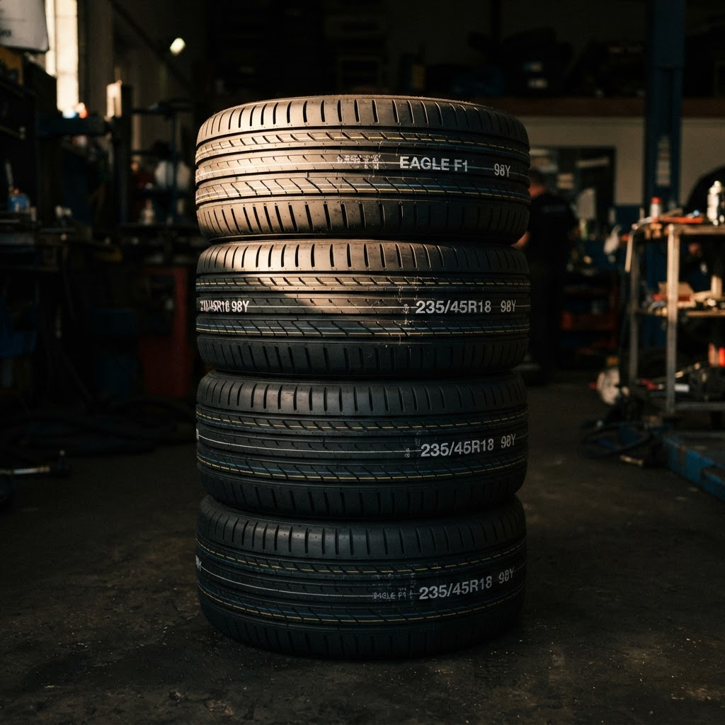 A stack of new car tyres showing deep fresh tread detail