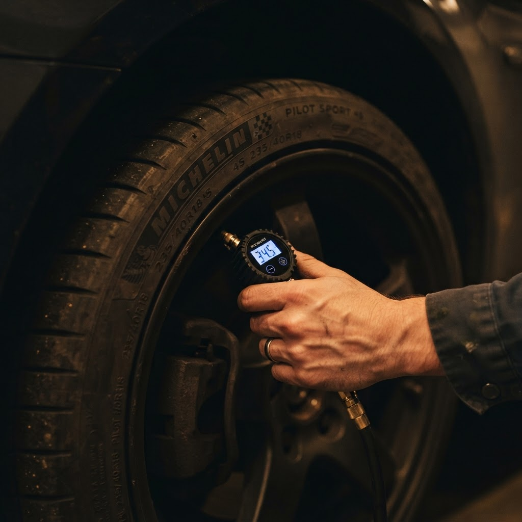 A hand using a digital tyre pressure gauge on a car tyre valve