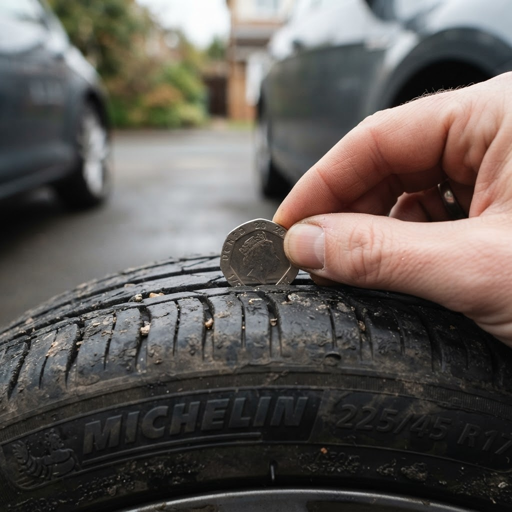 Checking a car tyre tread depth with a 20 pence coin in the grooves