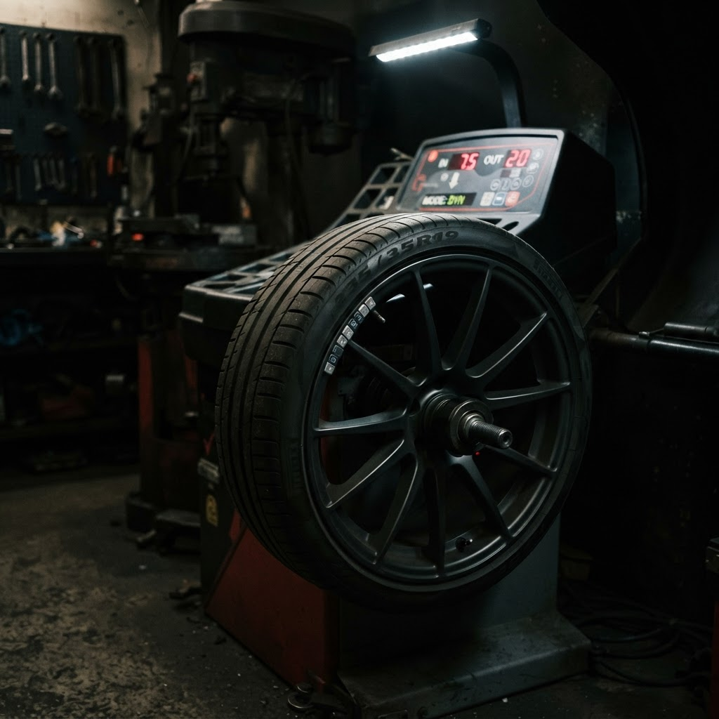 An alloy car wheel mounted on a tyre balancing machine with balance weights on the rim