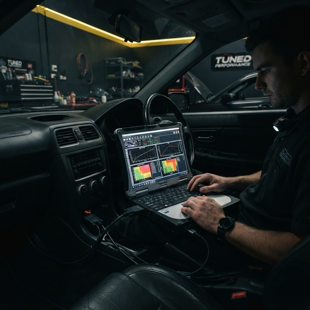 Technician remapping a car ECU with a laptop connected to the diagnostic port