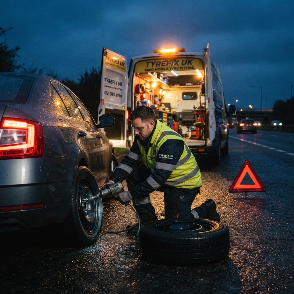 Mobile tyre fitter changing a flat tyre at the roadside at night beside a service van with warning beacon