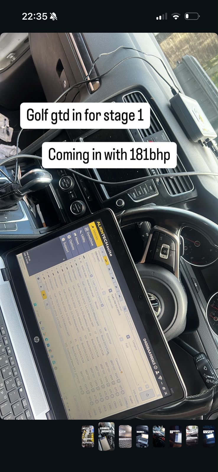 Laptop and Alientech tablet plugged into a VW Golf GTD via the OBD port during a Stage 1 ECU remap