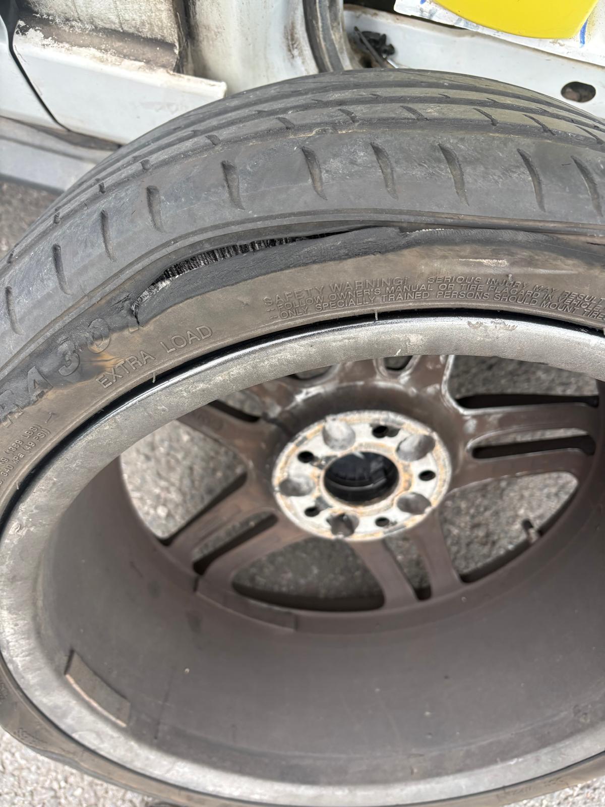 Mercedes alloy wheel with a badly split and bulging sidewall on an extra load tyre