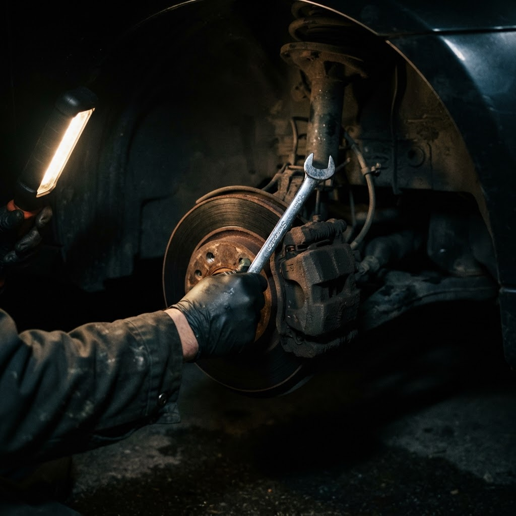 Mobile mechanic replacing brake pads and discs at the roadside