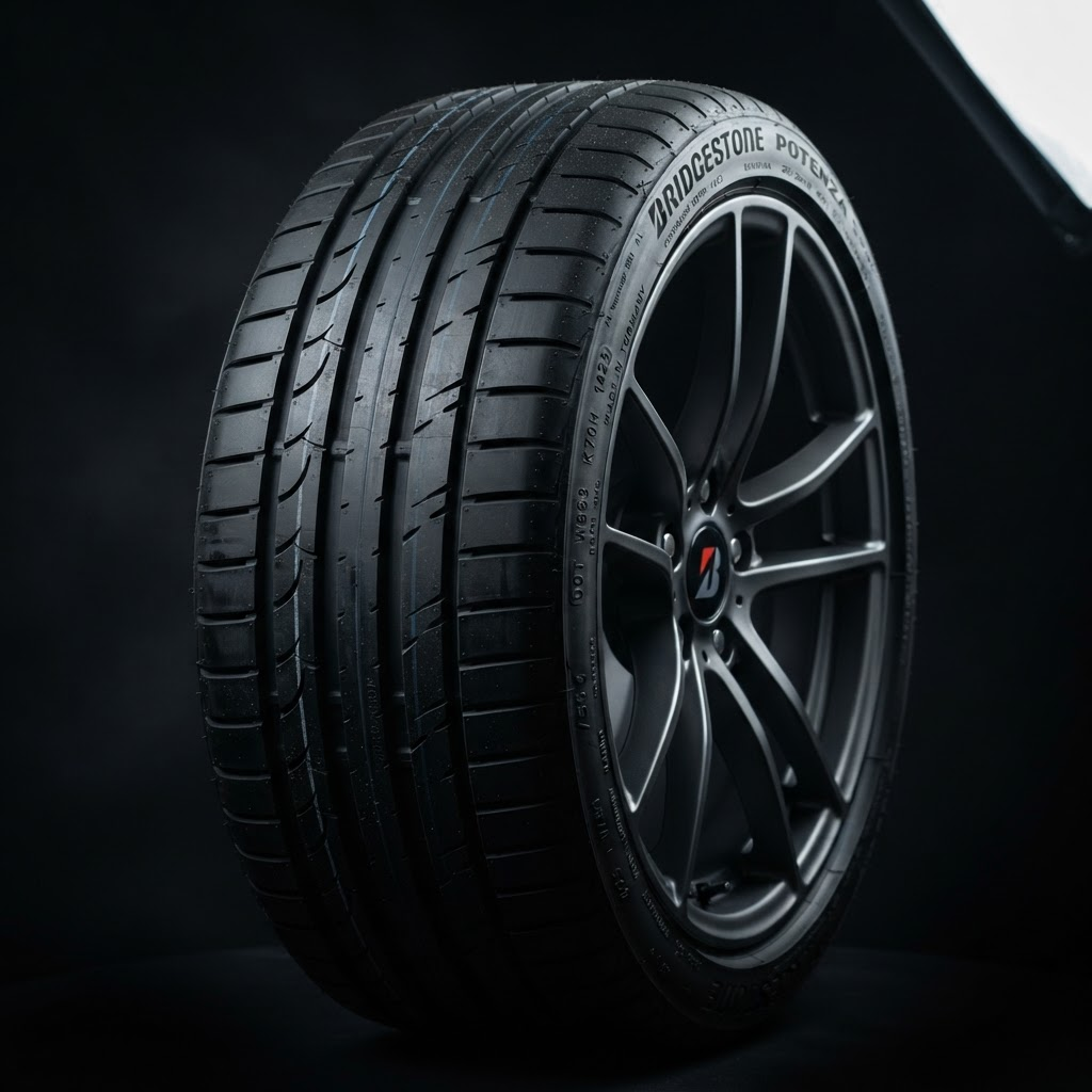 Close-up of a premium car tyre tread and alloy wheel
